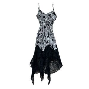 VTG 90s asymmetrical‎ sequin leafy boho tribal lace black white midi maxi dress
